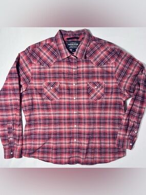 Rough Stock Panhandle Slim Plaid Pearl Snap Button Up Embellished Red Women's XL